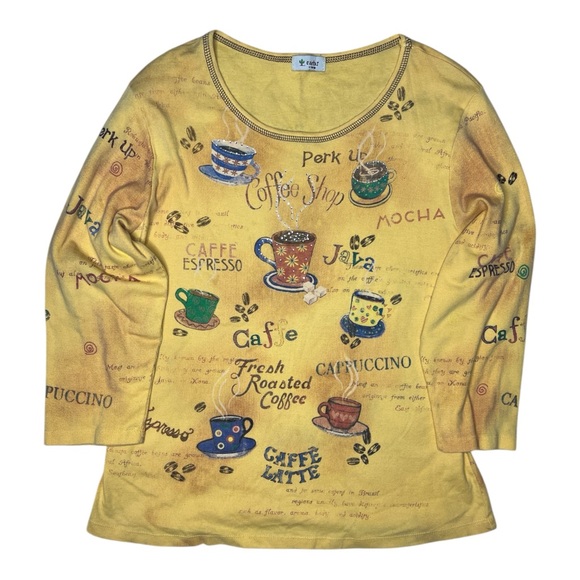 Vintage Y2K Cactus Coffee Shop Graphic Top Yellow Café Print Long Sleeve Shirt - Picture 1 of 6